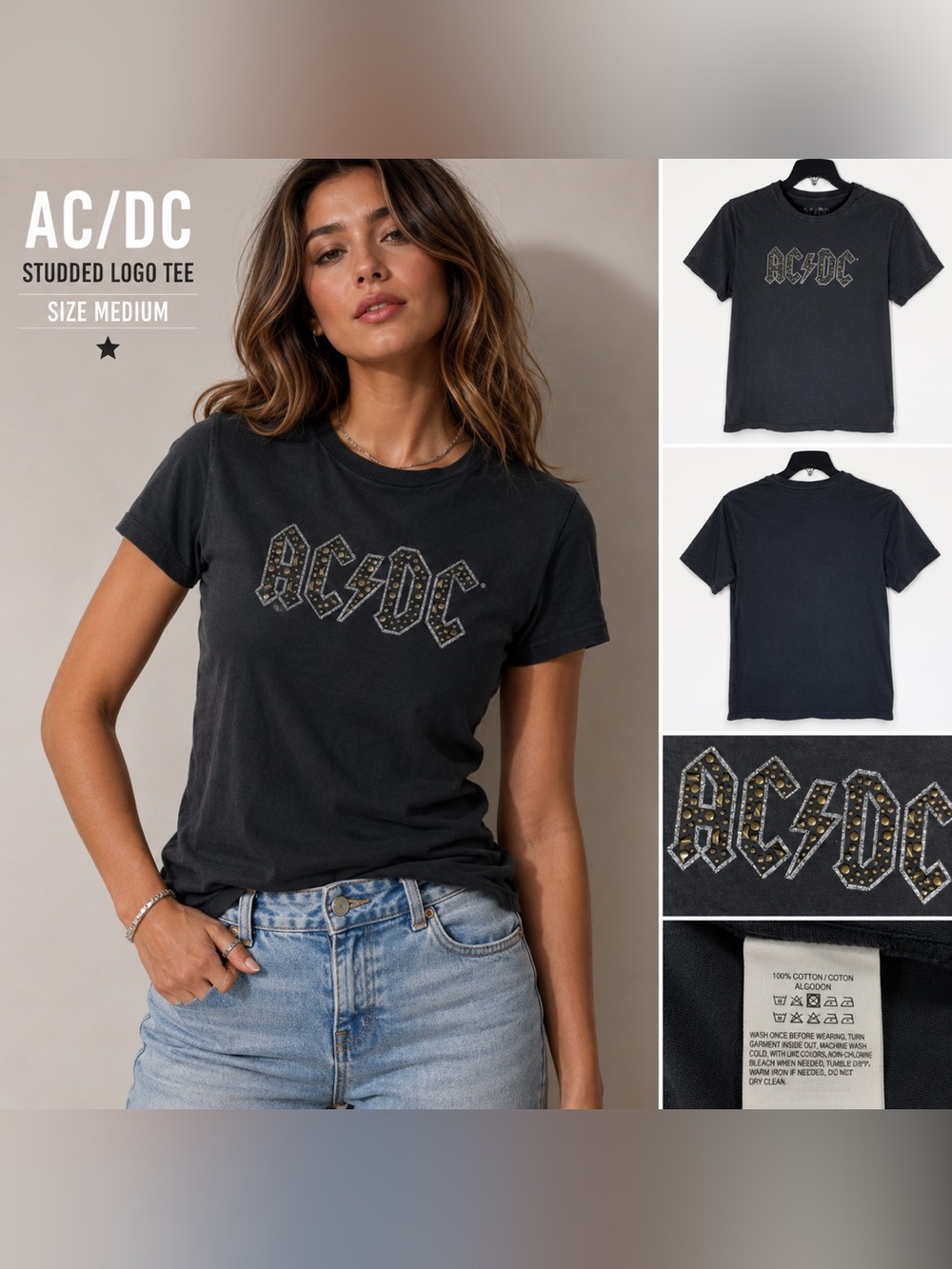 AC/DC Studded Logo Band Tee Black Graphic T-Shirt Women’s Medium Rock
